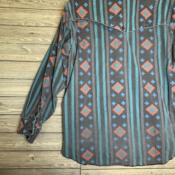 VTG Wrangler Brushpopper Shirt Mens 17.5 X 35 Black Aztec X Long Tail Cowboy XL - Picture 13 of 13